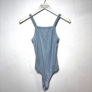 New Nordstrom BP Picot Trim Cotton Blend Rib Bodysuit Blue Cashmere Womens XS